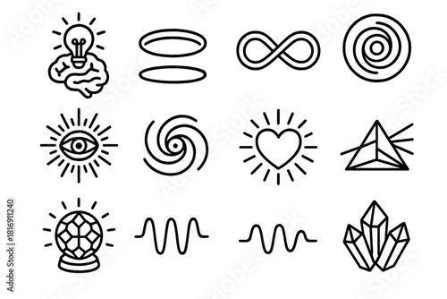 Higher Consciousness Symbols. Higher consciousness linear icon set: brain with light, aura ring, infinity symbol, energy lines, sacred circle, sunburst, cosmic eye, galaxy swirl