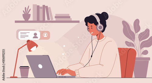 Happy Young Person Working Remotely on Laptop Wearing Headphones. Vector Illustration of Freelancer or Student Studying Online at Cozy Home Office Desk, Telecommuting Concept.