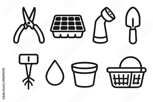 Micro Gardening Tools. Micro Harvest Tools linear icon set: pruning snip, seedling tray, compact watering tip, soil trowel, root marker, nutrient drop, tiny pot, harvest basket