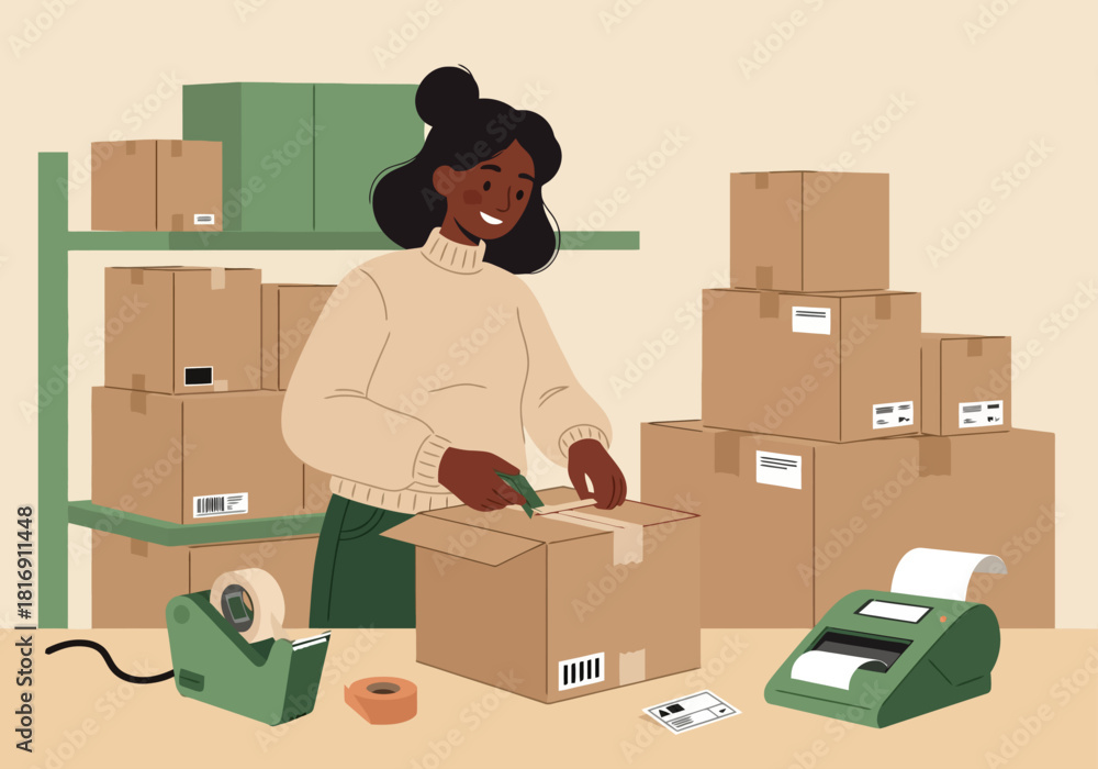 Fototapeta premium Happy Black Woman Packaging E-commerce Customer Orders for Shipping. Small Business Owner Fulfilling Delivery Logistics in Inventory Warehouse Vector Illustration.