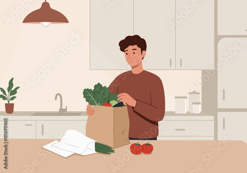 Vector Illustration: Young Man Unpacking Fresh, Healthy Groceries from a Paper Bag onto a Modern Kitchen Counter After Shopping.