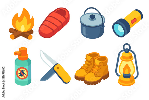 Outdoor Gear Icons. Outdoor Expedition flat icons set. campfire, sleeping bag, cooking pot, flashlight, insect repellent, knife, boots, lantern