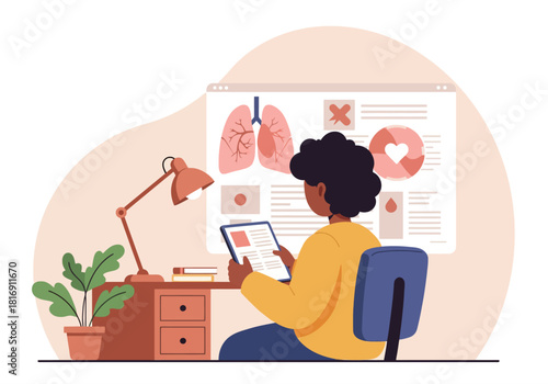 Vector illustration of a Black student or researcher analyzing health statistics and human anatomy (lungs diagram) on a tablet, symbolizing digital medicine and health informatics.