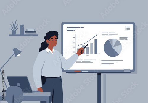 Professional Black businesswoman presenting financial analysis and performance metrics on an interactive whiteboard, showing successful data visualization vector illustration.