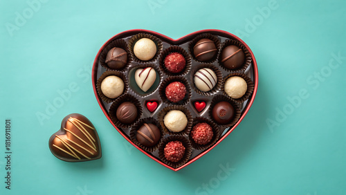 Assortment of gourmet chocolates in a heart shaped box with a single chocolate heart on a teal background