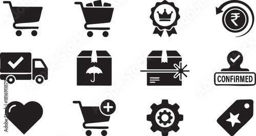 Black silhouette ecommerce and delivery service icons, featuring shopping carts, package, truck, confirmed, and settings