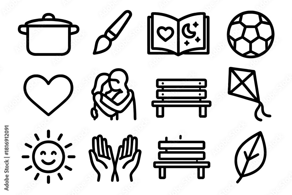 Fototapeta premium Shared Iconic Moments. Shared moments linear icon set. cooking pot, paintbrush, storybook, ball, heart, hands, hug, park bench, kite, sun, smile, leaf