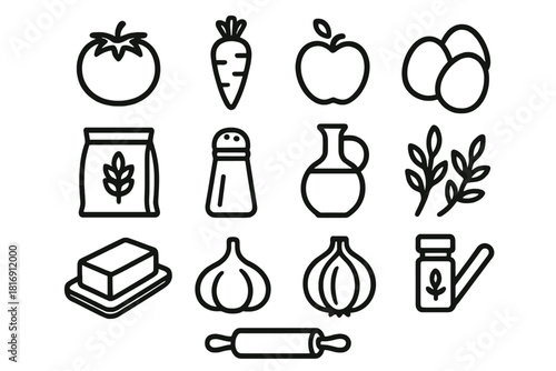 Cooking Essentials Icons. Ingredients and prep linear icon set: vegetables, fruit, eggs, flour bag, salt shaker, olive oil, herbs, butter, garlic, onion, spice jar, rolling pin