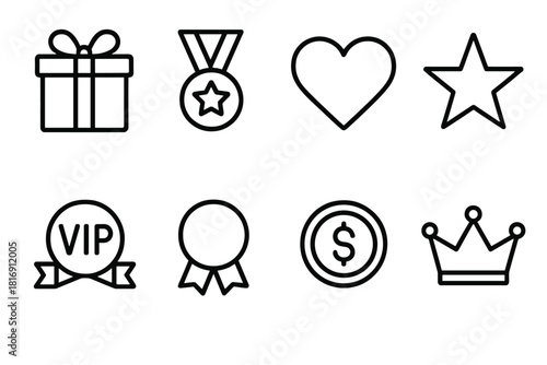 Loyalty Reward Icons. Loyalty reward concept linear icon set: gift box, medal, heart, star, VIP badge, ribbon, coin, crown
