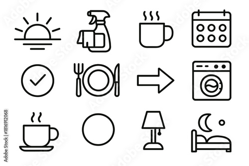 Daily Routine Icons. Routine Lifestyle Set linear icon set: sunrise icon, clean-up items, breakfast mug, schedule board, task marker, midday break, movement arrow, home chores