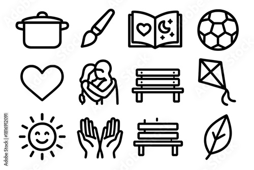 Shared Iconic Moments. Shared moments linear icon set. cooking pot, paintbrush, storybook, ball, heart, hands, hug, park bench, kite, sun, smile, leaf