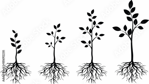 Illustrative growth sequence showing plant development stages, symbolizing business growth, personal development, or process milestones with elegant design