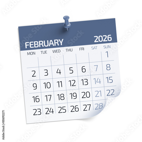 February 2026 calendar page pinned to white wall