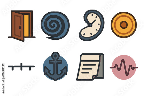 Temporal Icons Collection. Temporal Navigation Forms pixel style icon set: era door, spiral continuum, warped clock hand, moment token, timeline band, chrono anchor, folded time