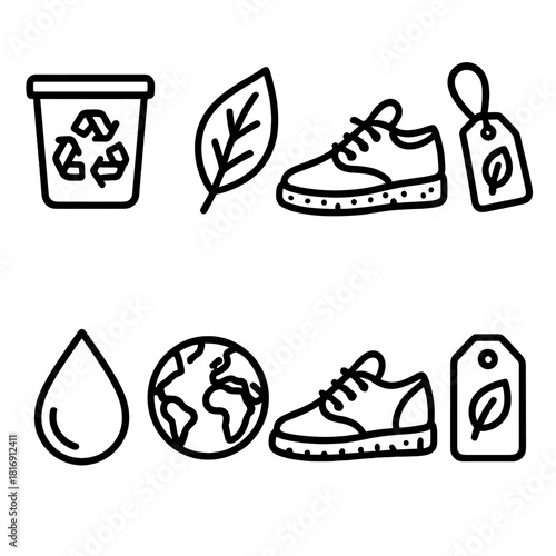 Eco-Friendly Shoe Icons. Sustainable Footwear linear icon set. recycled material, leaf symbol, cork sole, canvas shoe, hemp lace, eco tag, water droplet, globe