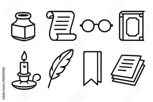 Classic Literature Icons. Classic Literature linear icon set. inkwell, scroll, glasses, vintage book, candleholder, quill, bookmark, paper stack
