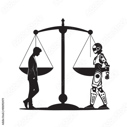 Silhouette of a man and a robot on a balance scale weighing justice