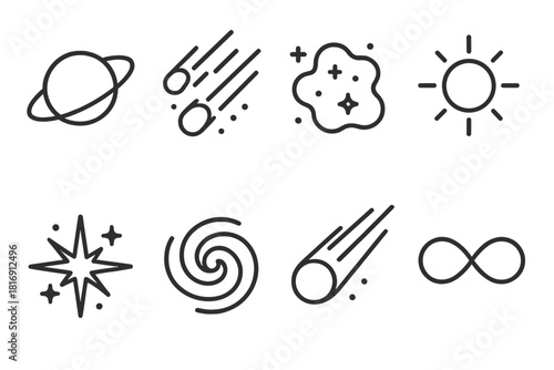 Cosmic Icons in Space. Cosmic Mystery linear icon set. planet orbit, meteor shower, deep space cloud, glowing ring, starburst, spiral galaxy, comet, infinite loop