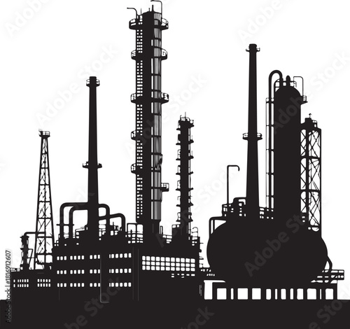 Silhouette of a large industrial oil refinery complex with towers and pipes industry petrochemical