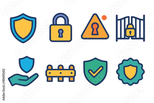 Modern Security Icons. Security Icons Set flat icon set: shield symbol, lock outline, keyhole, alert dot, secure gate, protective hand, boundary line, safety badge