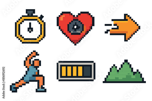 Fitness Pixel Icons. Run Training pixel style icon set: interval timer, heart rate dial, sprint arrow, stretching pose, energy bar, elevation graph