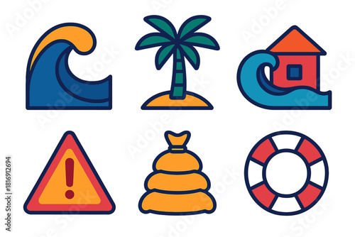 Coastal Warning Icons. Coastal Impact flat icon set: wave, palm tree, house, warning sign, sandbag, lifebuoy