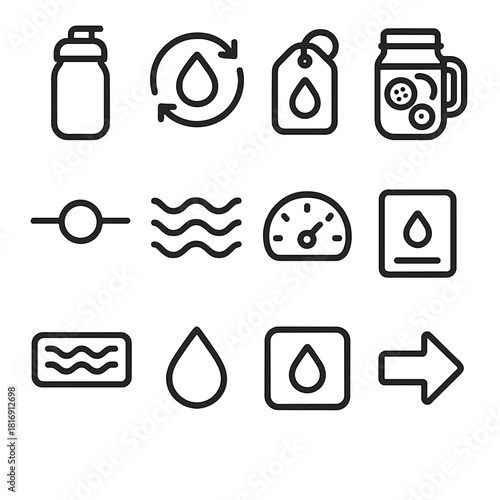 Hydration Icons Collection. Hydration Habit Essentials linear icon set: clean-sip bottle, hydration cycle dial, gentle reminder tag, infused-water jar, thirst-awareness bead, cool