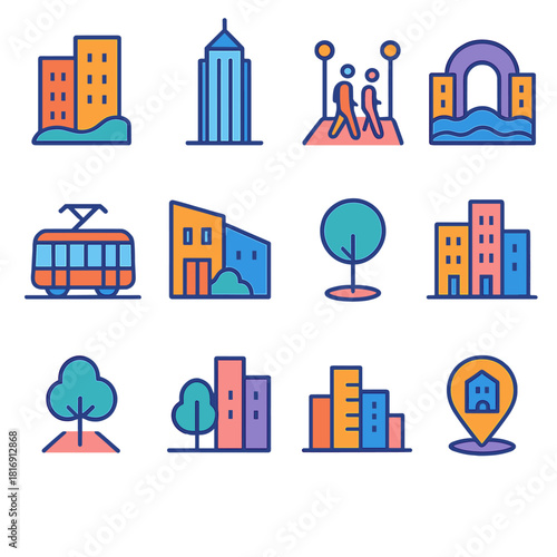Vibrant Urban Icons. Metropolitan Pack flat icon set: high-rise block, office tower, pedestrian lane, city arch, riverfront line, tram icon, street corner, plaza tree, building row