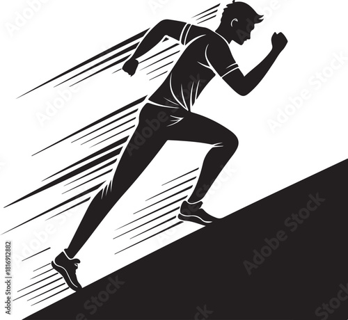 Silhouette of a man running uphill with motion lines athlete fitness
