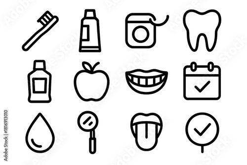 Oral Care Icons. Oral Care linear icon set. toothbrush, toothpaste, dental floss, tooth, mouthwash, apple, smile, calendar, water droplet, mirror, tongue, checkmark