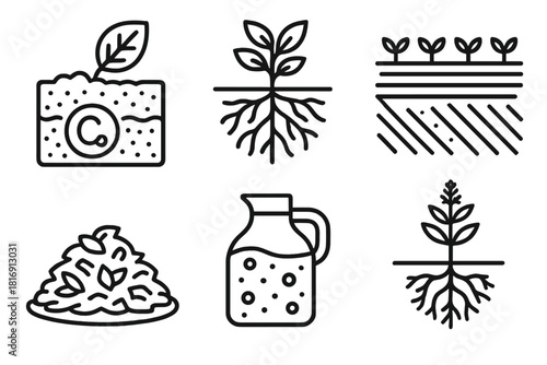 Sustainable Agriculture Icons. Regenerative Cultivation Set linear icon set: carbon soil icon, root network, no-till field, compost tea jug, natural mulch, perennial plant
