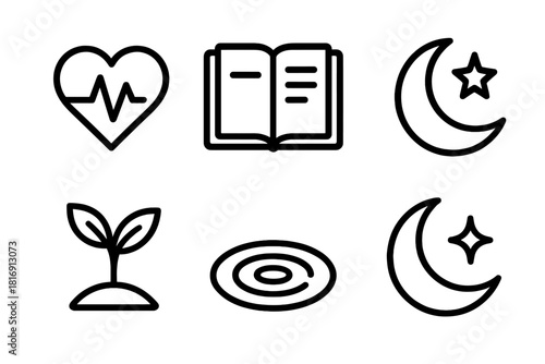 Symbols of Inner Healing. Inner Healing linear icon set: heart pulse, journal, moon, star, plant sprout, water ripple