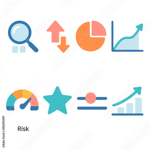 Modern Icons in Vector. Market Analysis Actions flat icon set: research icon, evaluate arrows, segment slice, forecast curve, risk gauge, opportunity star, adjust slider, growth