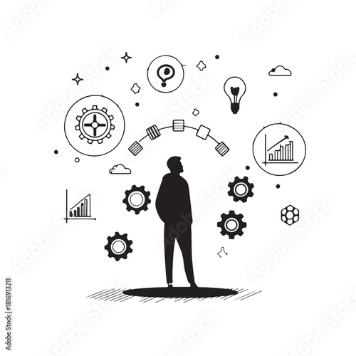 Silhouette of a man surrounded by gears lightbulb question mark and graphs in a minimalist line art style