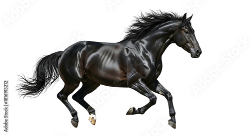 Majestic black horse galloping with flowing mane and tail.
