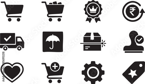 Ecommerce and shopping icons, including cart, delivery, quality, currency, protection, package, user, heart, add, settings, tag