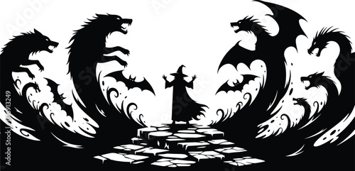Silhouette of a powerful wizard summoning mythical creatures like werewolves and dragons from dark, swirling waves, isolated on white background