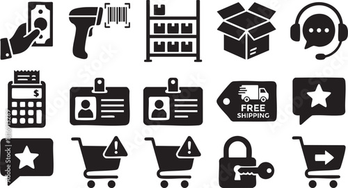 Black ecommerce and shopping icons money, scanner, warehouse, box, headset, register, id, shipping, star, cart, lock