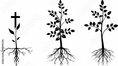 Growth stages concept with a plant sprouting from a cross, symbolizing faith and development, ideal for religious themes and personal journey illustrations