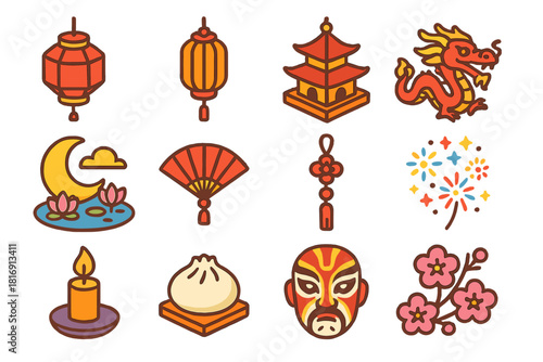 Vibrant Lantern Festival Icons. Traditional Lantern Celebration Icons flat icons set. hanging lanterns, pagoda, dragon, moon, lotus pond, fan, tassel, fireworks, candle, dumpling