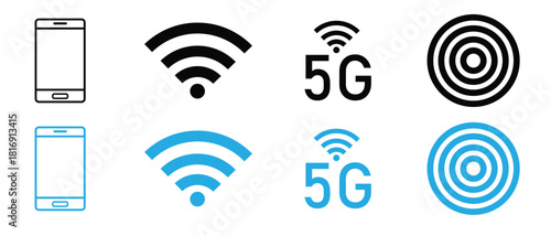 Minimal smartphone, WiFi, and 5G signal icons set in black and blue - stock vector.