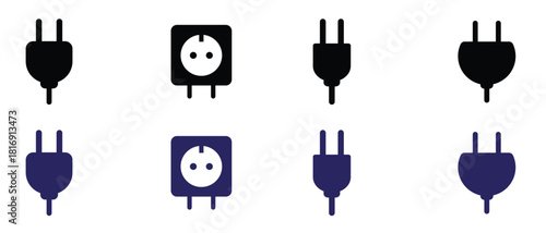 Electric plug and socket icon set in multiple styles and colors – vector power connection symbols.