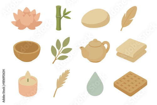 Natural Serenity Icons. Natural Elegance flat icon set : lotus flower, bamboo stalk, smooth pebble, feather, wooden bowl, leaf branch, ceramic teapot, linen fabric, soft candle