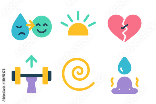 Symbols of Forgiveness. Emotional Forgiveness Symbols flat icon set: tear to smile, soothing beam, mended heart, peace line, lifted weight, gentle swirl, clarity droplet, quiet