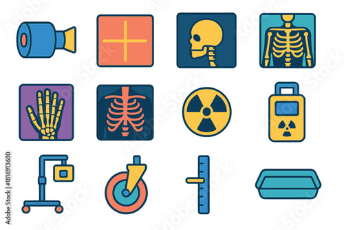 Modern Medical Imaging Icons. Medical Imaging Set flat icon set: imaging tube, sensor plate, scan outline, skeletal diagram, hand x-ray, chest x-ray icon, radiation badge