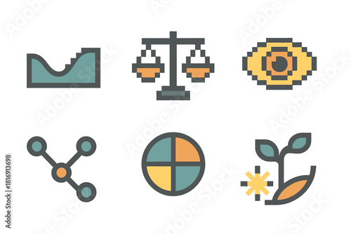 Digital Wellbeing Icons. Digital Wellbeing Frameworks Concepts pixel style icon set: harmony curve, balance scale, resilience loop, mindful eye, connection line, wellbeing circle