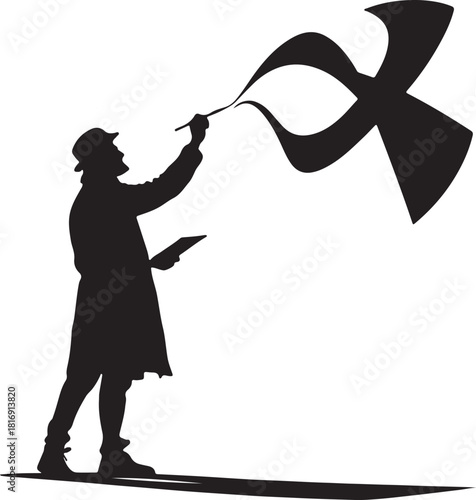 Silhouette of a person in a hat painting a ribbon shape with a paintbrush artist