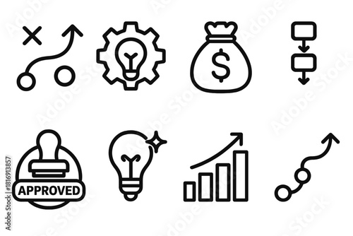 Innovation Funding Icons. Corporate Innovation Funding linear icon set: strategy chart, innovation gear, internal fund icon, project pipeline, approval stamp, value bar, concept