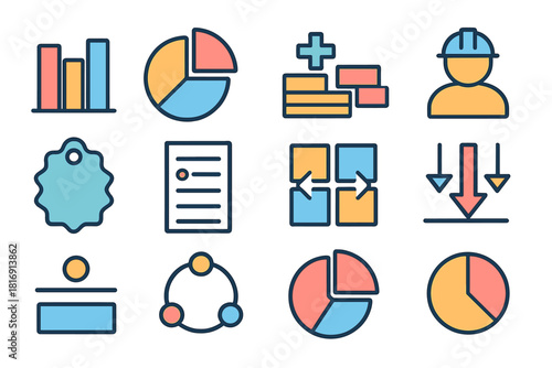 Project Cost Icons. Project Cost Breakdown flat icon set: cost segments, pie slice chart, materials block, labor bar, overhead icon, contingency tag, line-item list, comparison