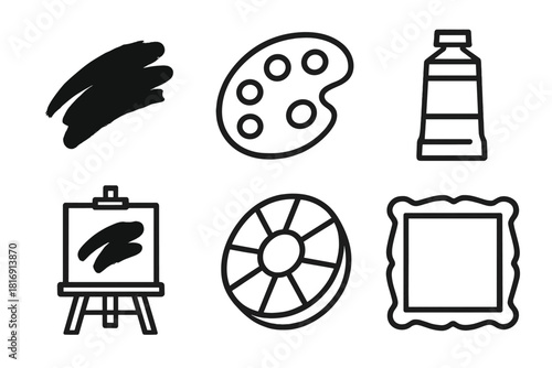 Abstract Art Icons. Abstract Art Collection linear icon set: brush stroke, palette, canvas, paint tube, color wheel, easel, sponge, frame
